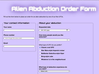 Thumbnail preview of Alien Abduction Order Form project